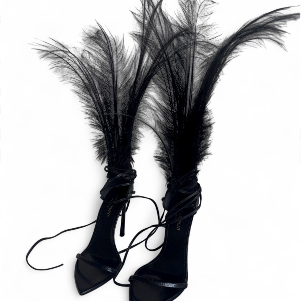YSL Black Feather Lace-Up Stiletto Sandals